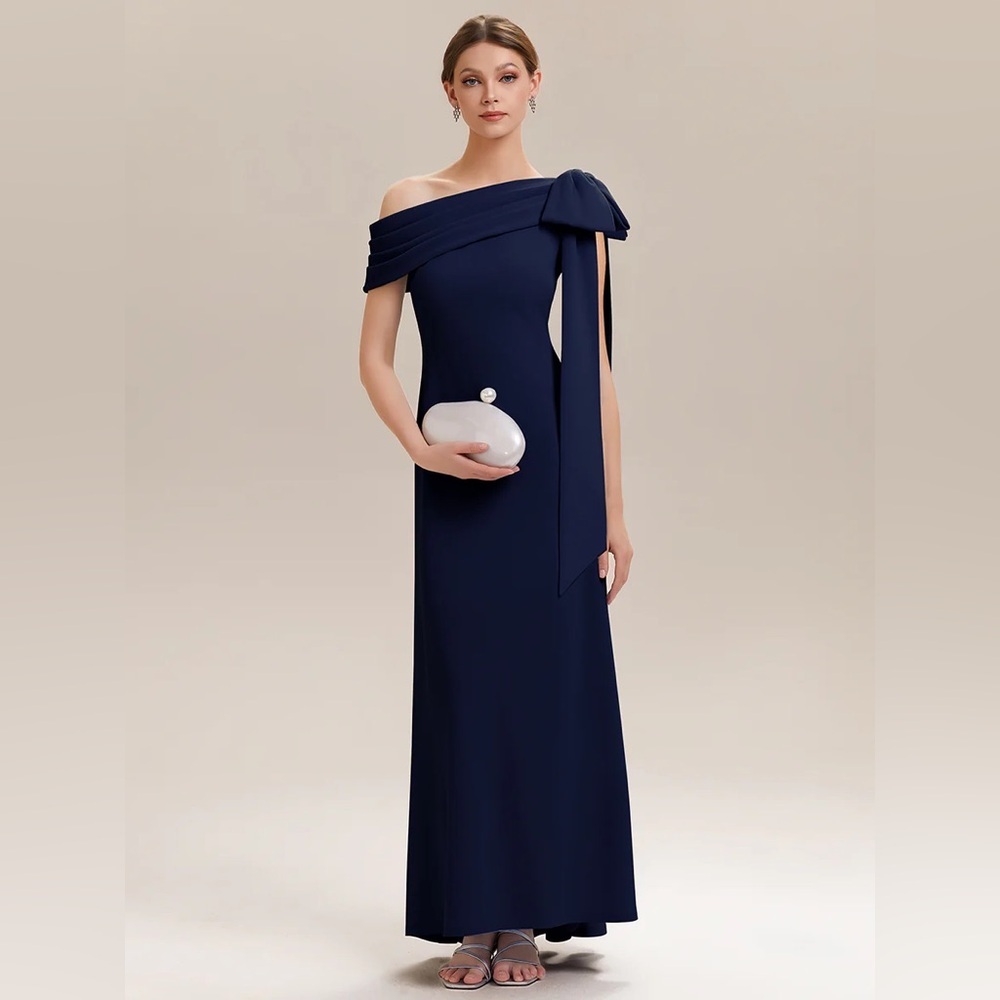🆕Asymmetric Shoulder with Bow Knit Black Tie Formal Dress